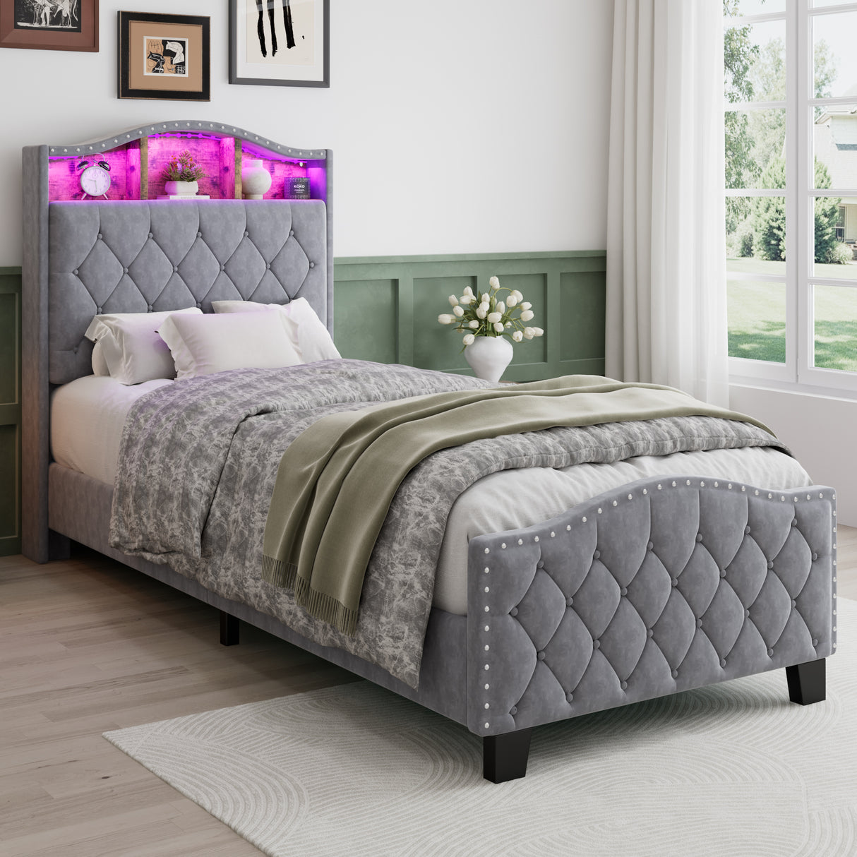Upholstered Bed, 3FT single bed 90x190cm, Storage Bed, Soft backrest,With bed slats, With LED light strip,For adults & teenagers, Velvet, Grey