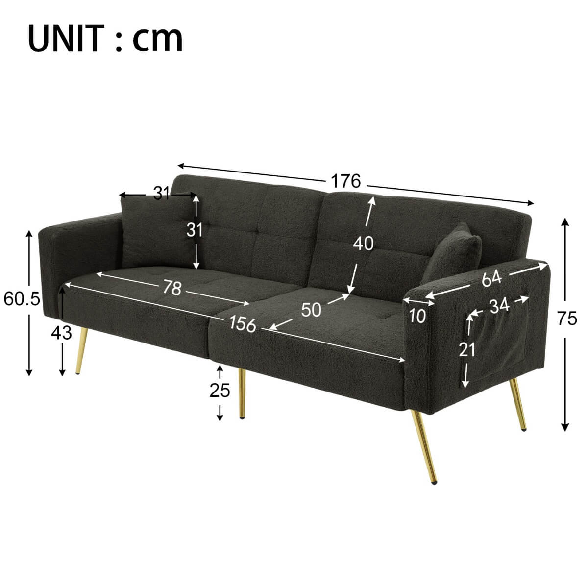 Modern Convertible Sofa Bed - Adjustable Recliner with Gold Legs and Side Storage Pockets,  Dark Gray