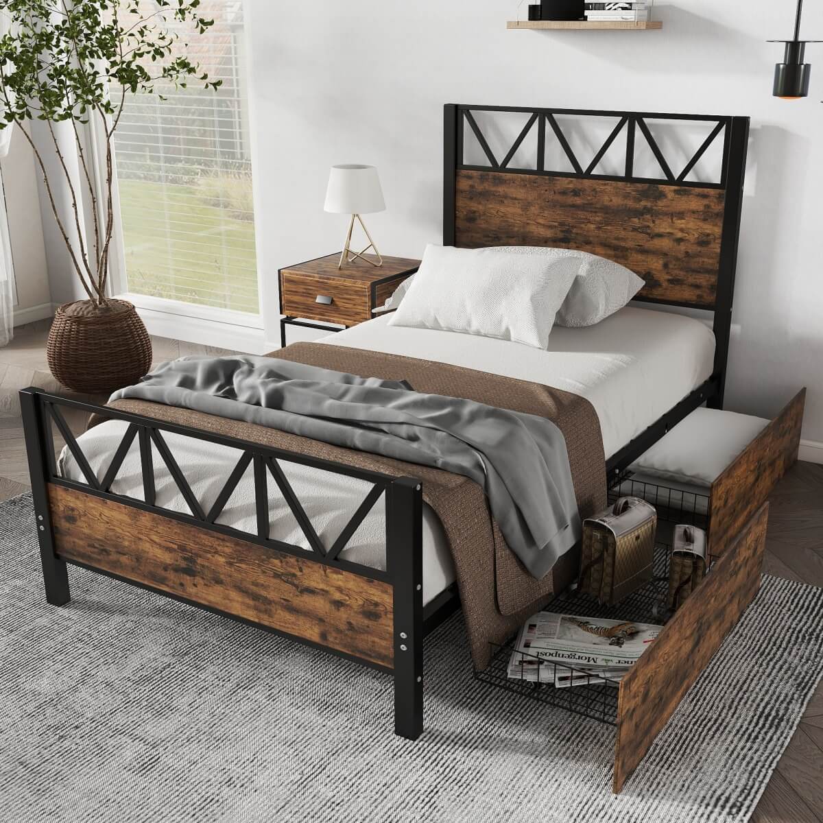 3ft Single Metal Storage Bed Frame with Drawers - Iron Bed for Adults & Teenagers