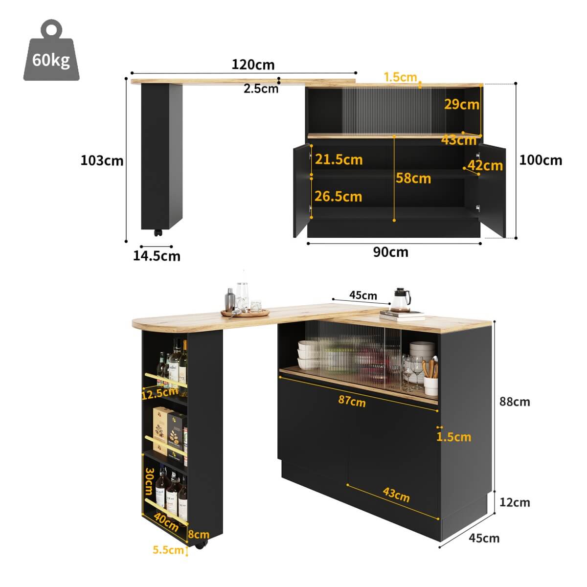 360° Swivel Kitchen Bar Sideboard - Modern Black Multifunctional Storage Cabinet with Glass Shelves
