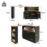 360° Swivel Kitchen Bar Sideboard - Modern Black Multifunctional Storage Cabinet with Glass Shelves