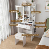 Small Makeup Vanity Desk with Mirror - Adjustable LED Lights, Power Socket, Hair Dryer Holder, Storage Rack & Padded Stool, White