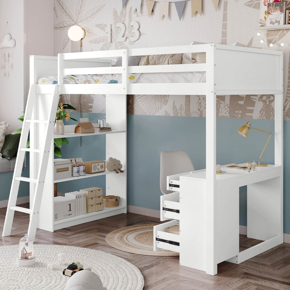 3ft Kids Bunk Bed with Desk & Storage – White Wooden Bed with 4-Step Ladder, Drawers & Shelves