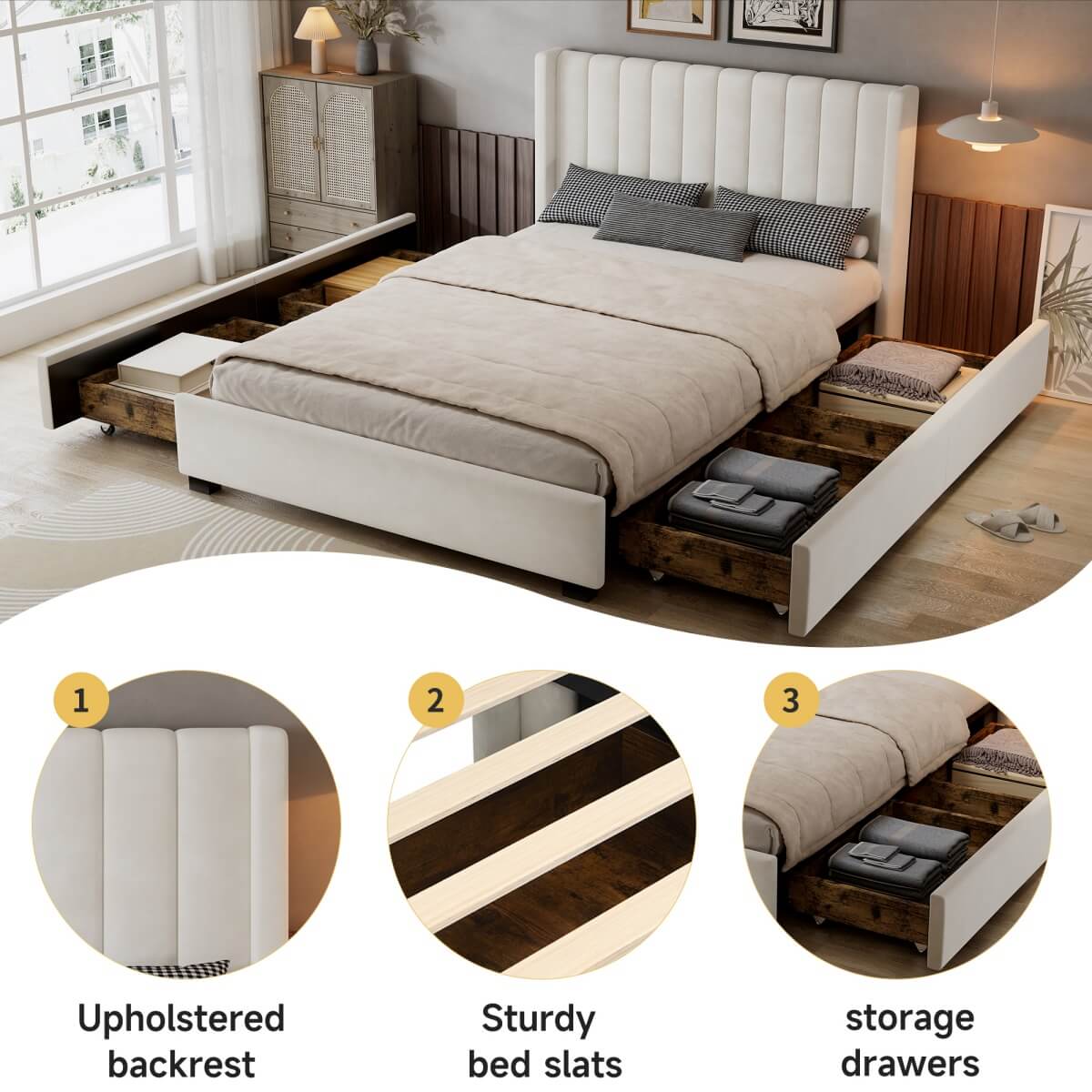 4ft6 Double Velvet Storage Bed - Upholstered Bed Frame with 4 Drawers and Soft Headboard, Beige