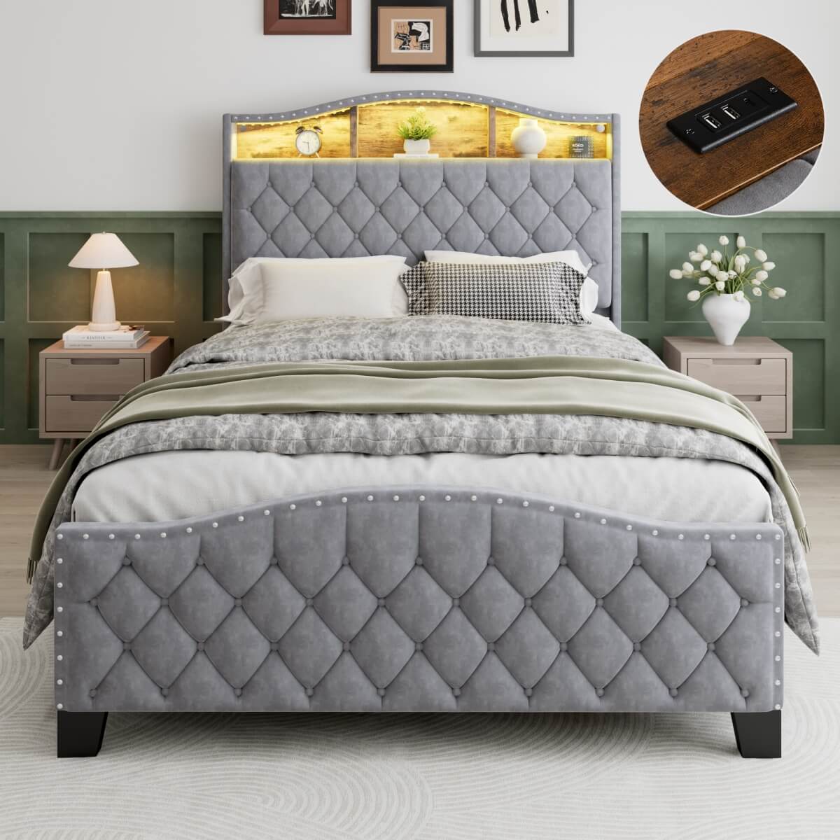 4ft6 Velvet Upholstered Storage Bed with LED Light Strip - Double Bed with Slatted Base, Grey