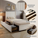 3ft Single Velvet Storage Bed - Upholstered Bed Frame with 4 Drawers and Soft Headboard, Beige