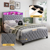 4ft6 Velvet Upholstered Storage Bed with LED Light Strip - Double Bed with Slatted Base, Grey
