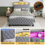 4ft6 Velvet Upholstered Storage Bed with LED Light Strip - Double Bed with Slatted Base, Grey
