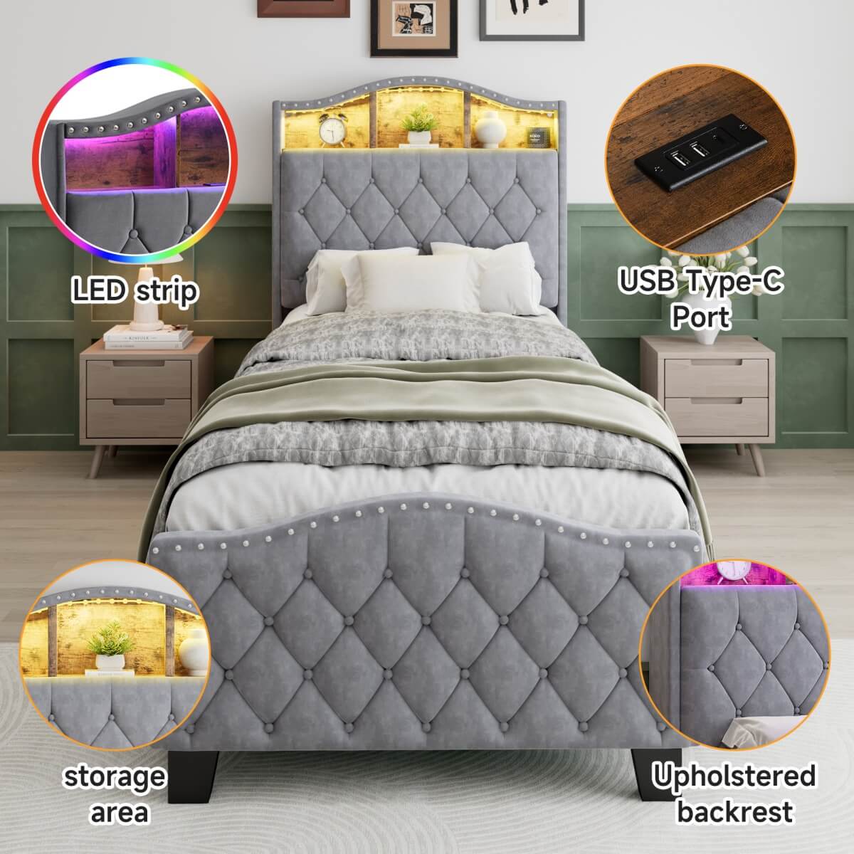 3ft Velvet Upholstered Storage Bed with LED Light Strip - Single Bed with Slatted Base, Grey