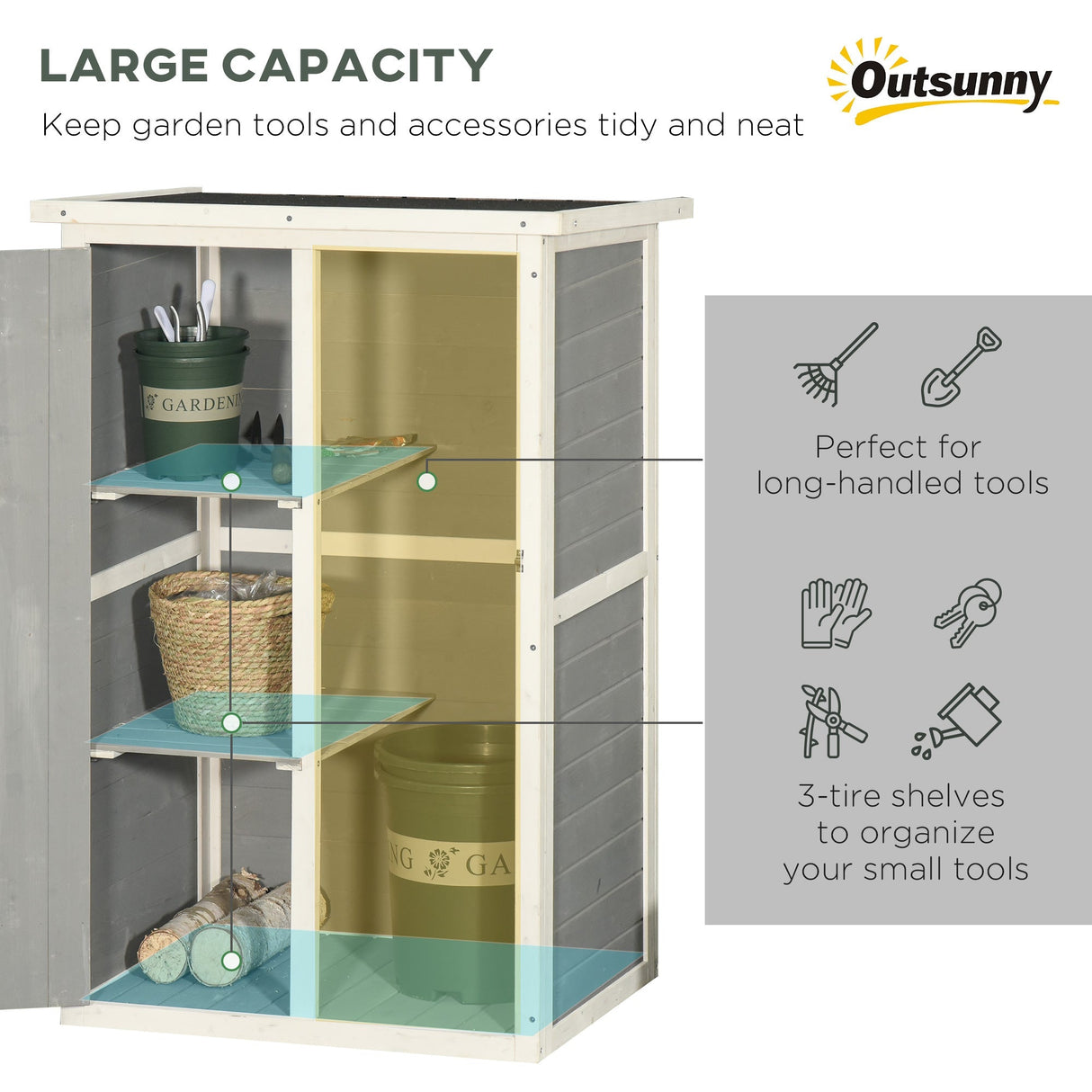 Wooden Small Shed, Garden Storage with Shelves and Bolt Latch, Grey