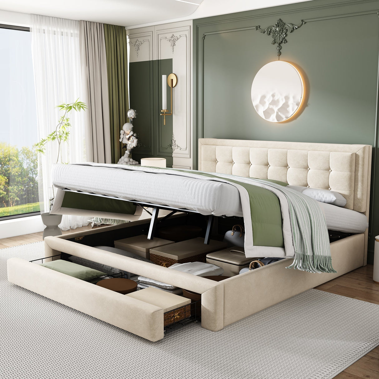 Upholstered Bed Double 4ft6 (135x190cm) with Storage, Slats & Headboard, Velvet Cream