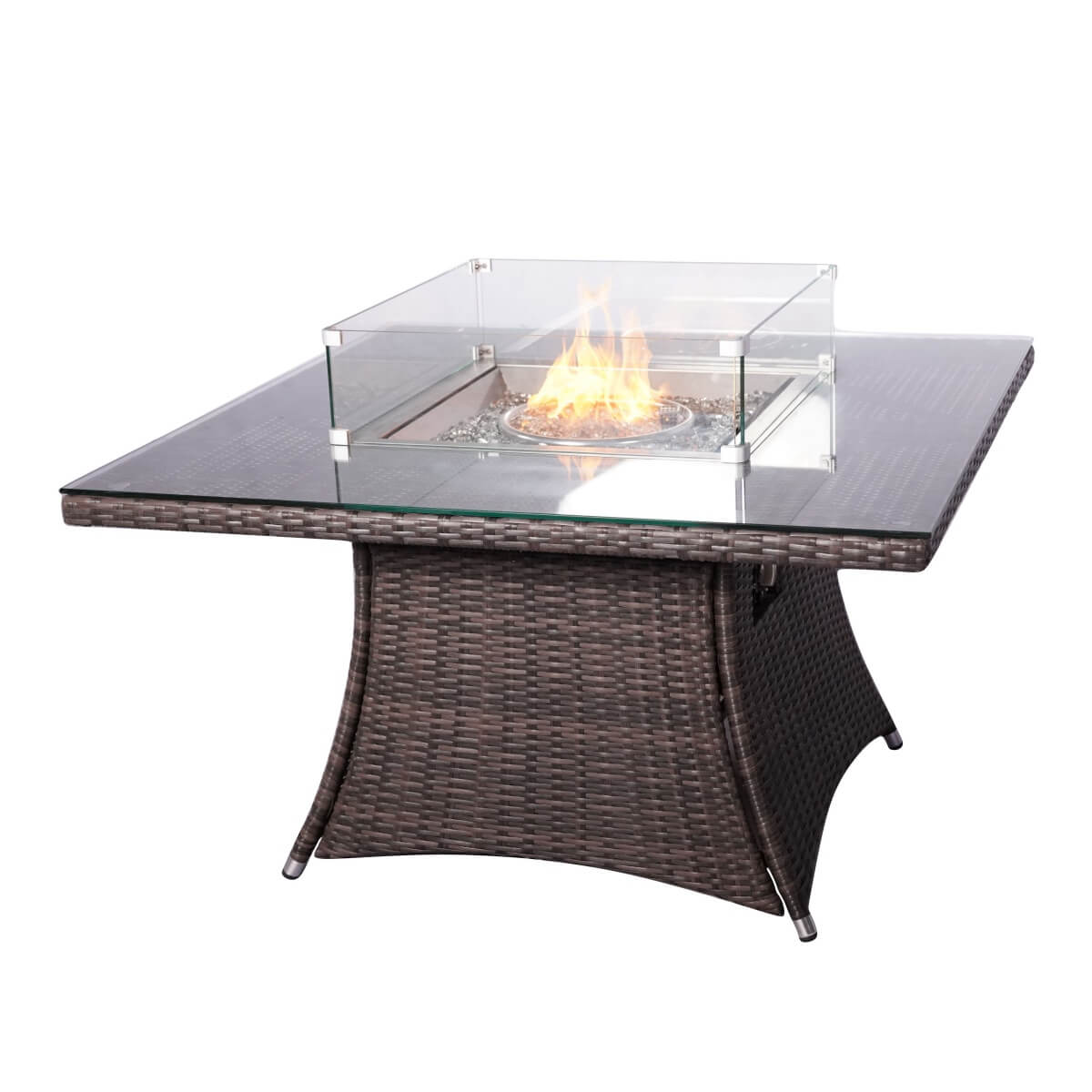 4-Seater Square Fire Pit Table - Outdoor Fire Pit Table with Wind Guard & Tempered Glass, Brown