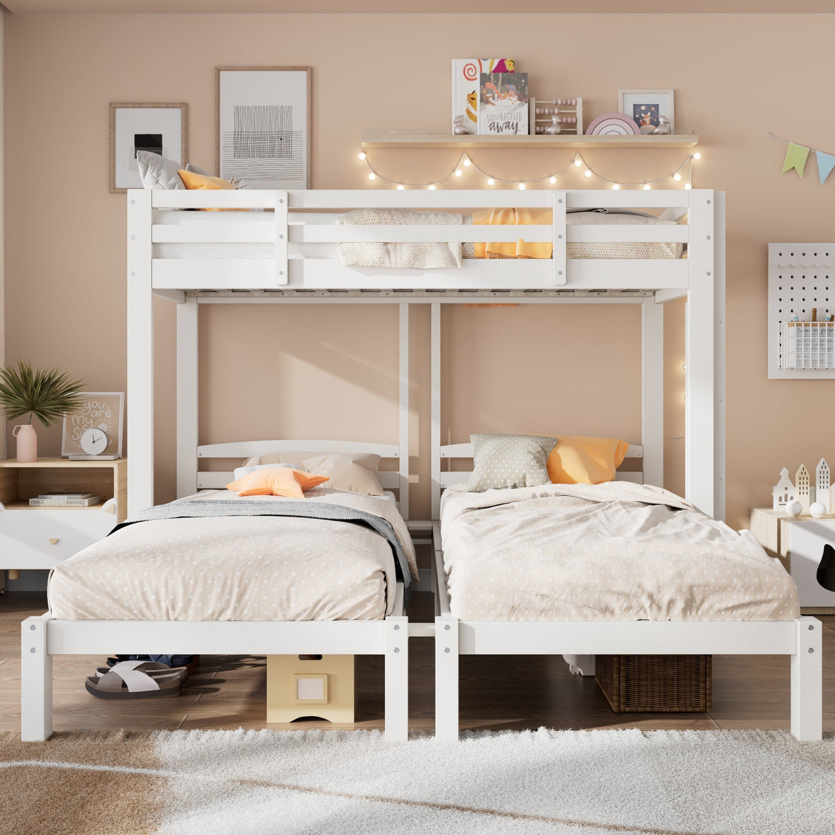 3ft Triple Sleeper Bunk Bed with Side Ladder ¨C White Wooden Bed for Kids & Teens