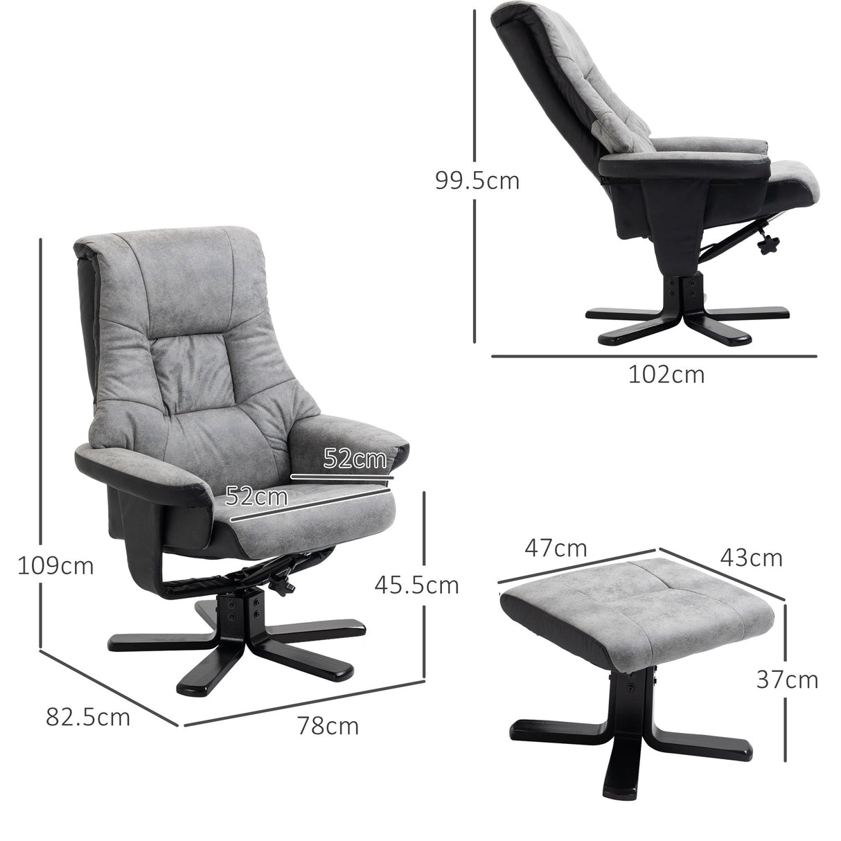 Fabric Recliner Sofa Armchair with Footstool, Swivel, Grey