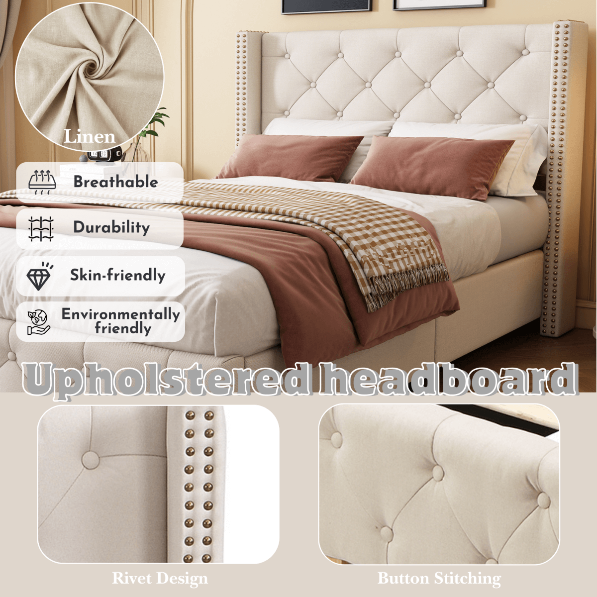3ft Single Upholstered Bed Frame – Beige Linen Bed with Button Tufted and Riveted Headboard