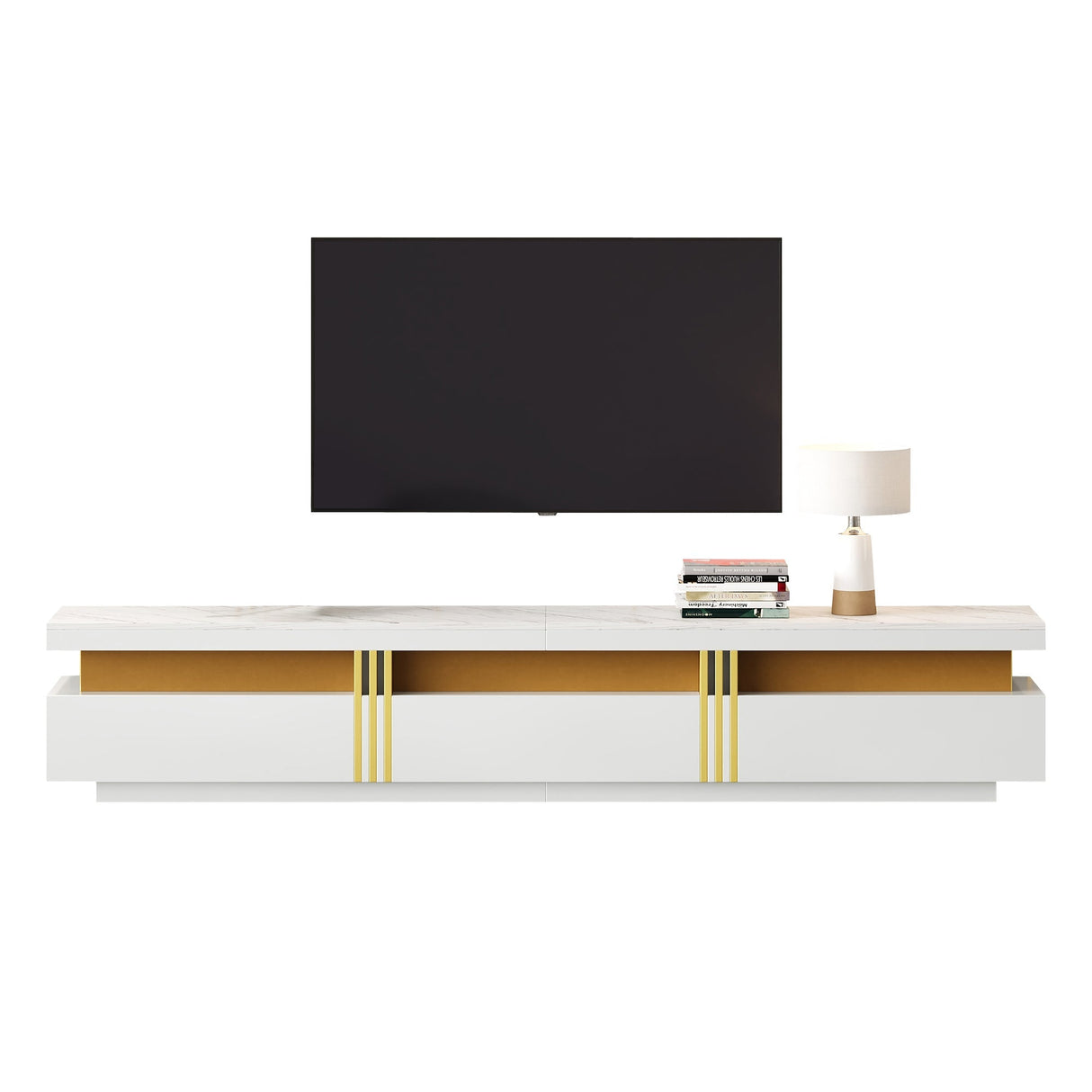 Luxury TV Stand with Faux Marble Top - White Media Console with 3 Drawers & Gold Accents