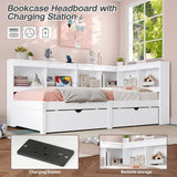 3ft Single L-Shape Daybed with 2 Storage Drawers & Bookcase - Modern Wooden Bed Frame with Charging Station, White