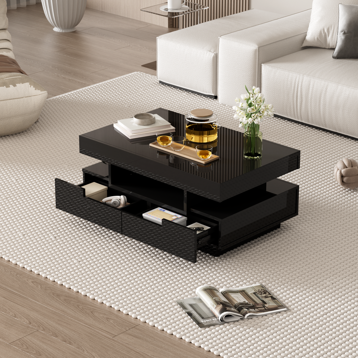 Coffee Table, High-Gloss, LED Light, Four Drawers, Large Storage, White