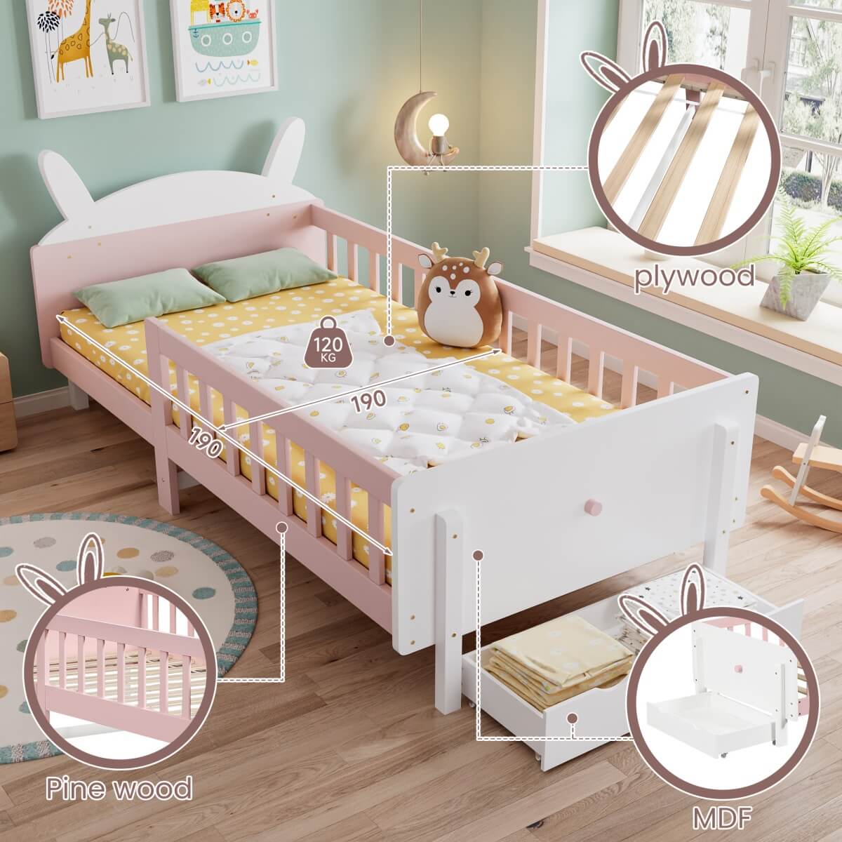 3ft Single Children's Rabbit-Shaped Bed - Wooden Storage Bed with Safety Guardrail, Drawer and Sturdy Slatted Base, White and Pink