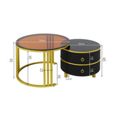2-in-1 Round Coffee Table Set with Side Table - High Gloss MDF Tabletop, Brown Tempered Glass Top and 2 Storage Drawers