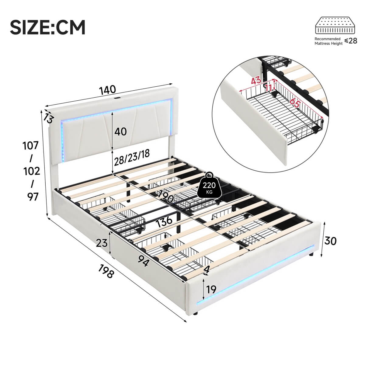 4ft6 Double Upholstered Storage Bed with LED Light Strips & USB Type-C Charging - Velvet Bed Frame with 4 Wheeled Drawers, Soft Backrest & Slatted Base, Grey