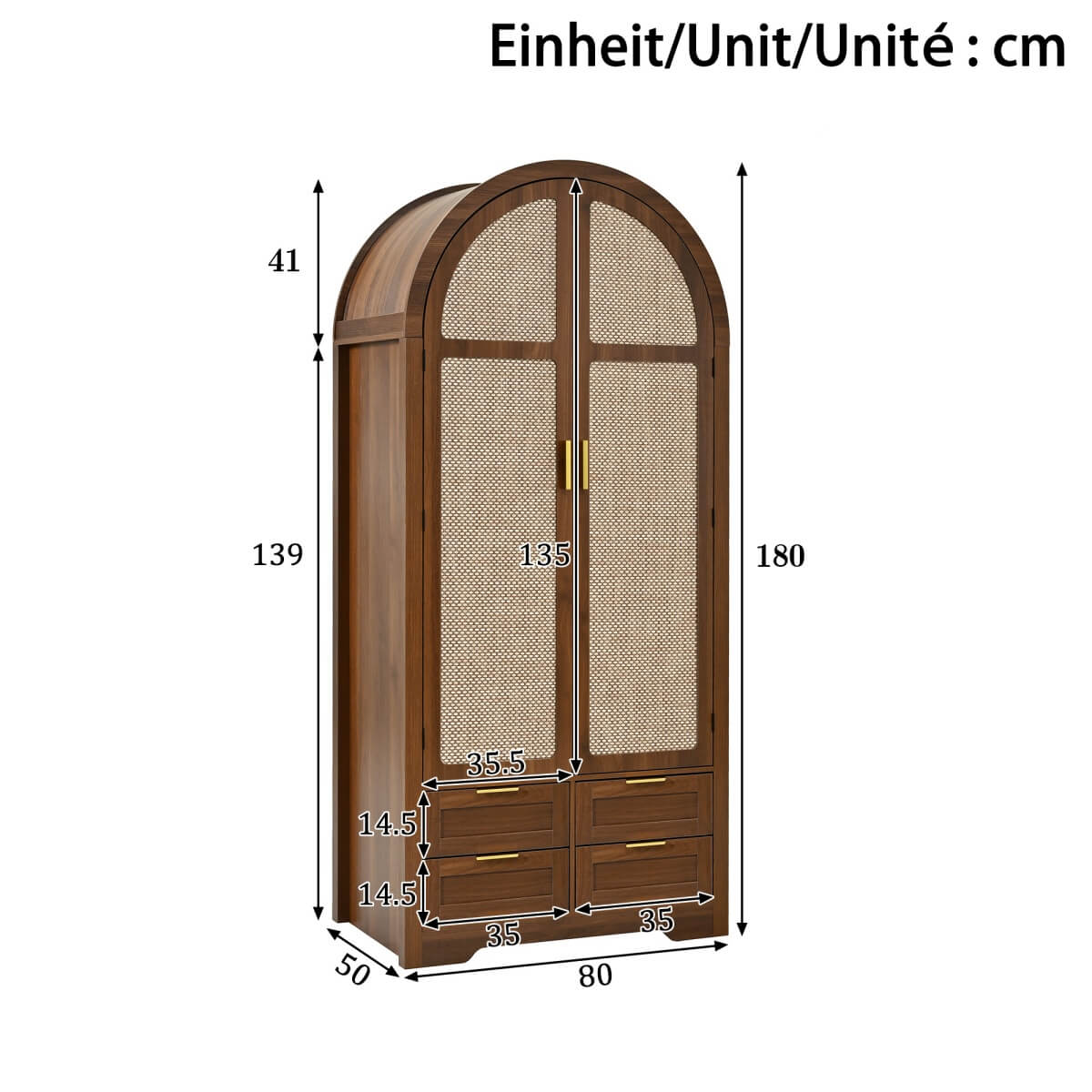 Modern Wardrobe with Curved Doors - Bedroom Storage Cabinet with Hanging Rail and Drawers, Walnut