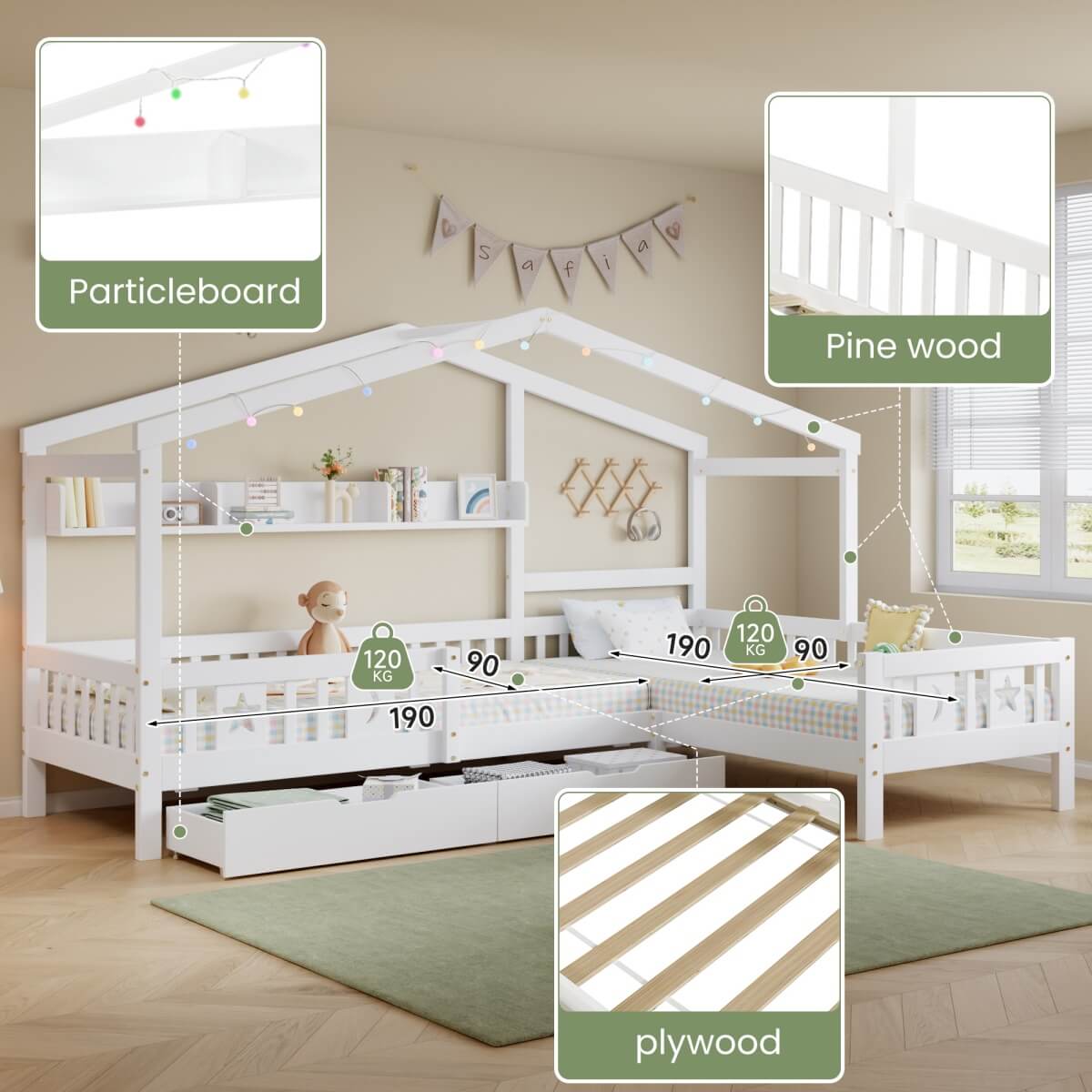 3ft Single Children's Wooden House Bed - Storage Bed with LED Strip Light, Safety Guardrail and 2 Wheeled Drawers, White