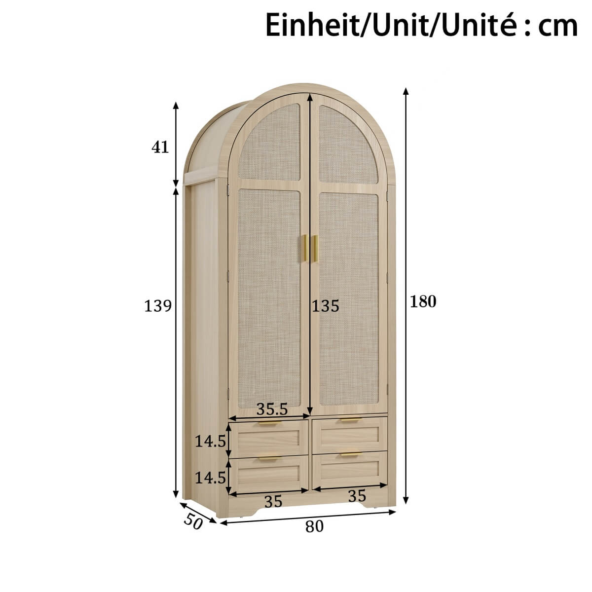 Modern Wardrobe with Curved Doors - Bedroom Storage Cabinet with Hanging Rail and Drawers, Oak