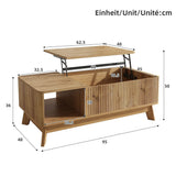Modern Lift Top Coffee Table with 3D Wave Design - MDF Living Room Table with Open Side Storage Compartment, Oak