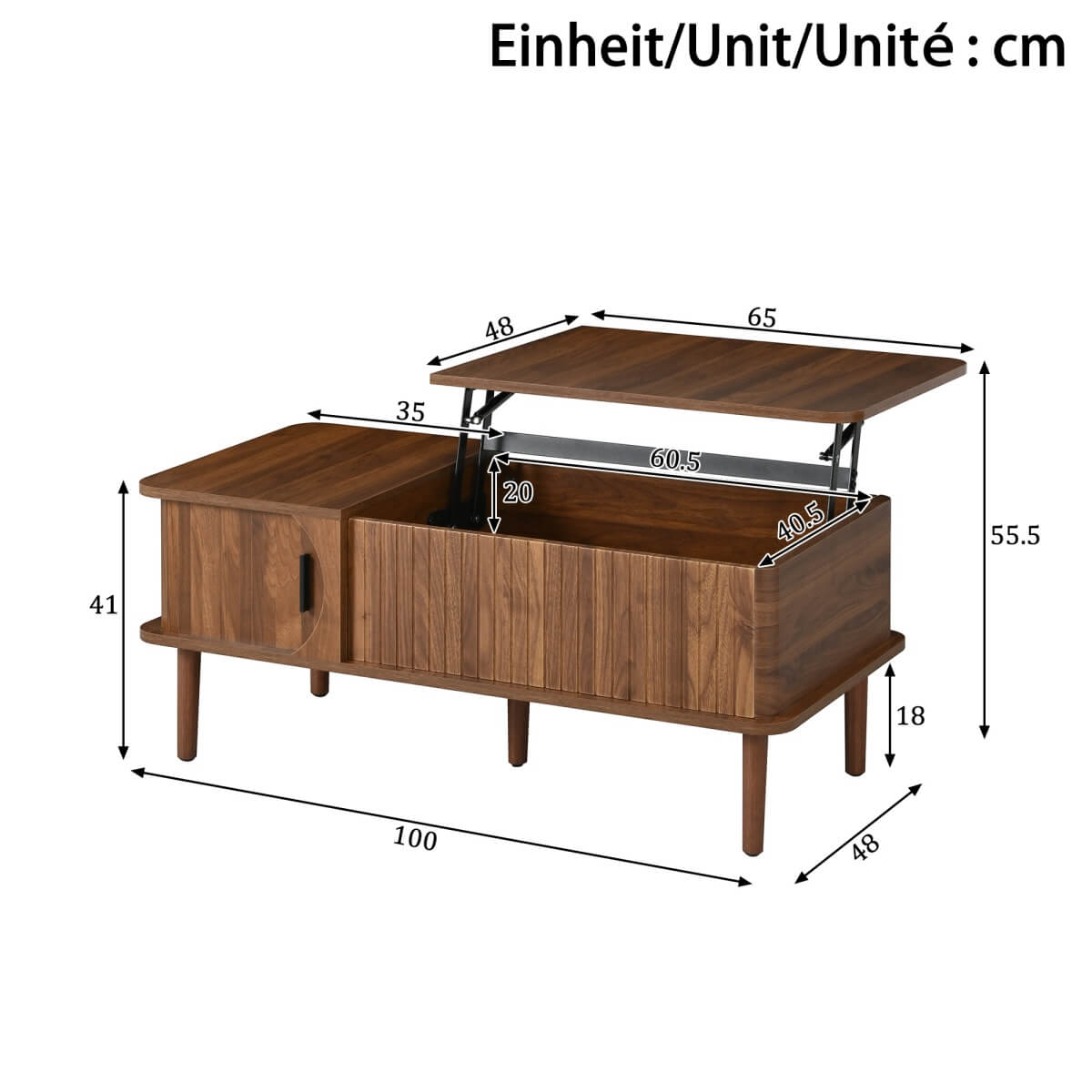 Retro Lift Top Coffee Table with Sliding Door - Walnut Effect Finish, Vertical Slat Design and Wooden Legs, Walnut