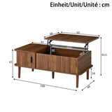 Retro Lift Top Coffee Table with Sliding Door - Walnut Effect Finish, Vertical Slat Design and Wooden Legs, Walnut