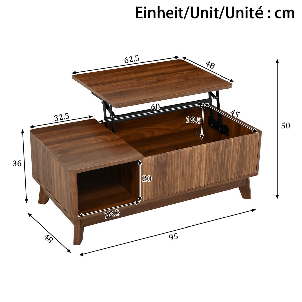 Modern Lift Top Coffee Table with 3D Wave Design - MDF Living Room Table with Open Side Storage Compartment, Walnut