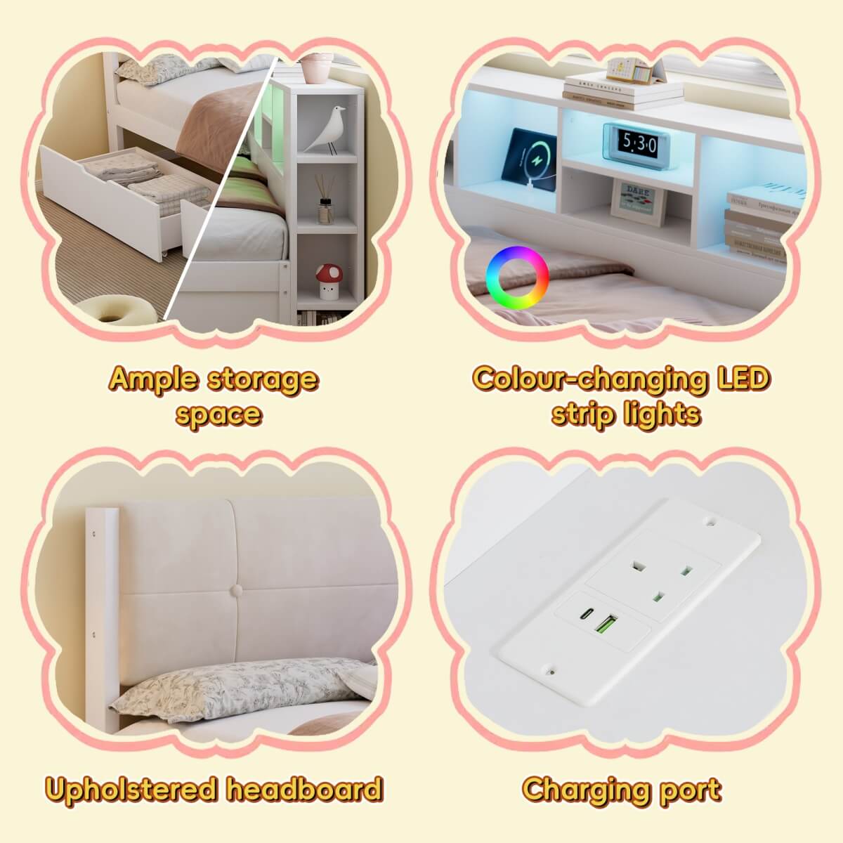 3ft Single Wooden Storage Bed with LED Lights - Bed Frame with Upholstered Headboard, Charging Port, Storage Compartments and 2 Wheeled Drawers, White