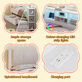 3ft Single Wooden Storage Bed with LED Lights - Bed Frame with Upholstered Headboard, Charging Port, Storage Compartments and 2 Wheeled Drawers, White