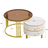 2-in-1 Round Coffee Table Set with Side Table - High Gloss MDF Top, Brown Tempered Glass Top and 2 Storage Drawers