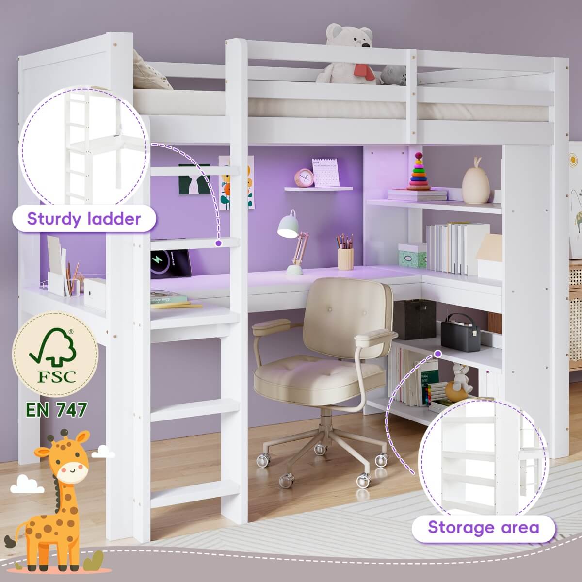 3ft Single Wooden Loft Bed - Bunk Bed with LED Lights, Charging Ports, Storage Shelves, Desk & 5-Step Ladder, White