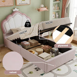 3ft Single Upholstered Storage Bed - Velvet Hydraulic Bed Frame with Lift-Up Storage, Kids Bed, Pink