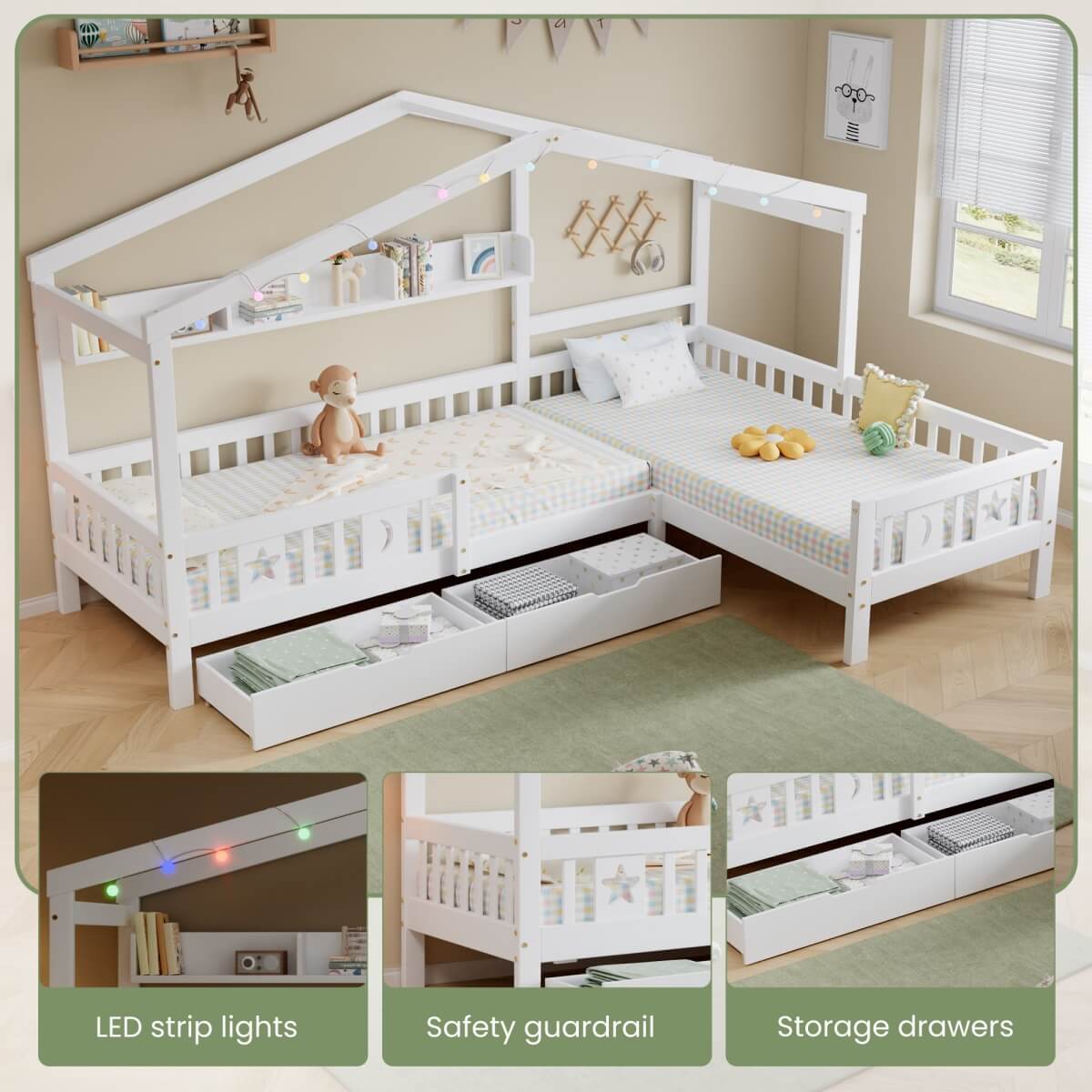 3ft Single Children's Wooden House Bed - Storage Bed with LED Strip Light, Safety Guardrail and 2 Wheeled Drawers, White