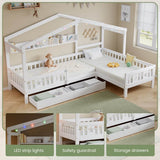 3ft Single Children's Wooden House Bed - Storage Bed with LED Strip Light, Safety Guardrail and 2 Wheeled Drawers, White