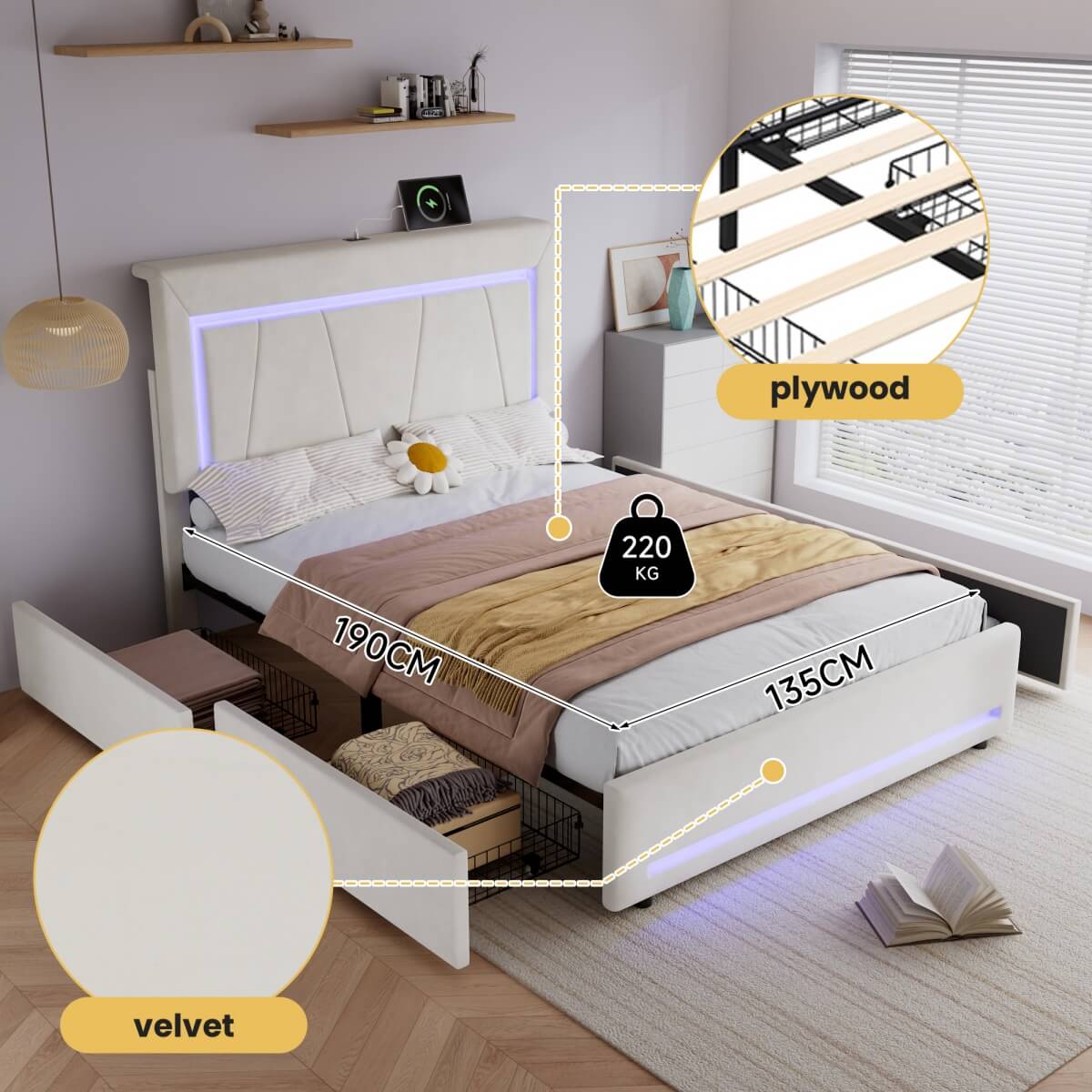 4ft6 Double Upholstered Storage Bed with LED Light Strips & USB Type-C Charging - Velvet Bed Frame with 4 Wheeled Drawers, Soft Backrest & Slatted Base, Grey