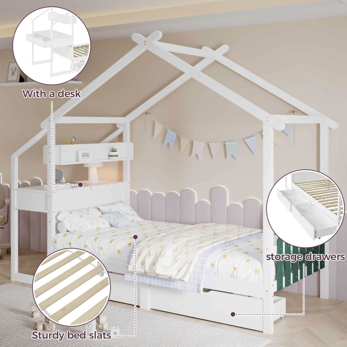 3ft Single Children's Wooden Storage Bed with Desk - Treehouse Design with Drawers, Small Shelf and Sturdy MDF and Pinewood Frame, White