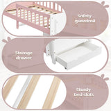 3ft Single Children's Rabbit-Shaped Bed - Wooden Storage Bed with Safety Guardrail, Drawer and Sturdy Slatted Base, White and Pink