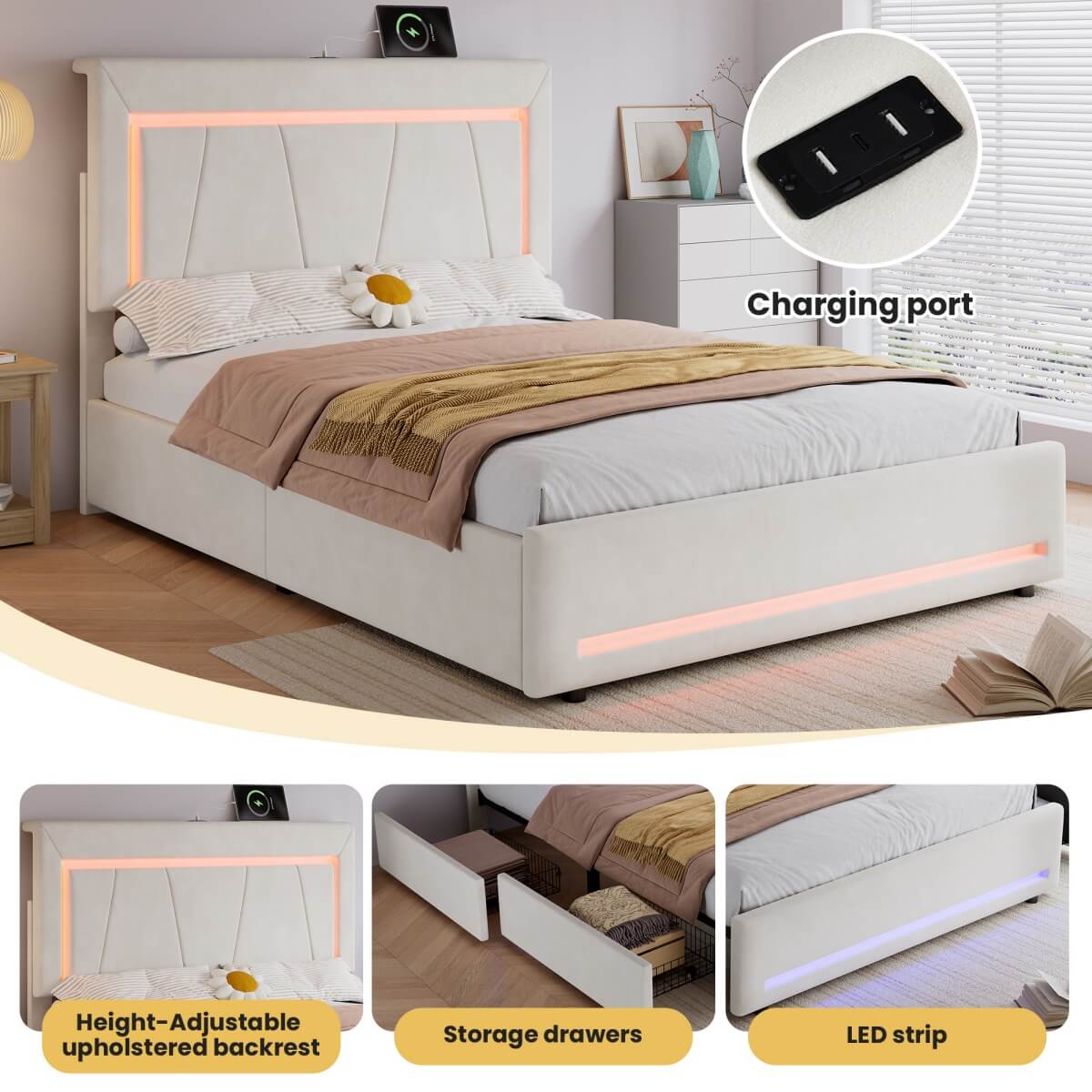 4ft6 Double Upholstered Storage Bed with LED Light Strips & USB Type-C Charging - Velvet Bed Frame with 4 Wheeled Drawers, Soft Backrest & Slatted Base, Grey