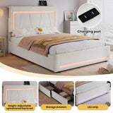 4ft6 Double Upholstered Storage Bed with LED Light Strips & USB Type-C Charging - Velvet Bed Frame with 4 Wheeled Drawers, Soft Backrest & Slatted Base, Grey