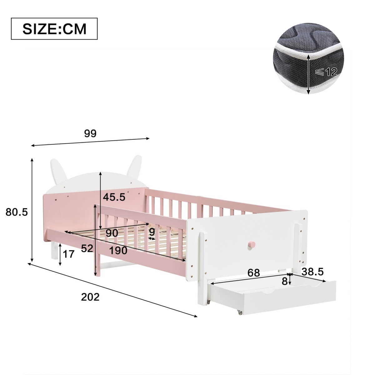 3ft Single Children's Rabbit-Shaped Bed - Wooden Storage Bed with Safety Guardrail, Drawer and Sturdy Slatted Base, White and Pink