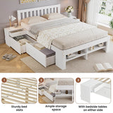 4ft6 Double Wooden Storage Bed with 2 Bedside Tables & 2 Drawers - Sturdy Bed Frame with Reversible Storage Compartments, White