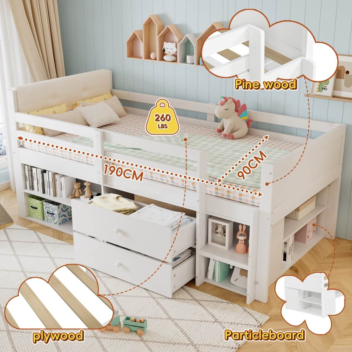 3ft Single Wooden Storage Bed for Kids - Bed Frame with Safety Guardrails, 2 Drawers, Storage Compartments & Upholstered Headboard, White