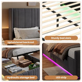 4ft6 Double Velvet Ottoman Storage Bed with LED Lighting - Upholstered Hydraulic Bed Frame with Plywood Base, Grey