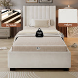 3ft Single Velvet Storage Bed - Upholstered Bed Frame with 4 Drawers and Soft Headboard, Beige