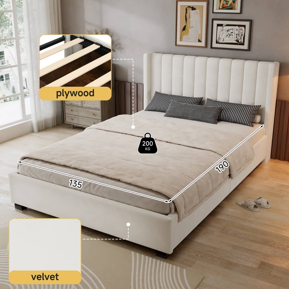 4ft6 Double Velvet Storage Bed - Upholstered Bed Frame with 4 Drawers and Soft Headboard, Beige